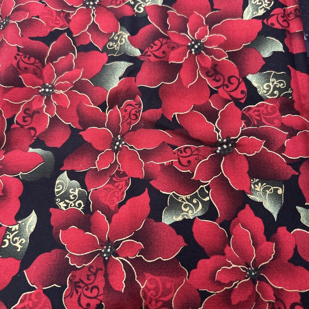 JoAnn Christmas Holiday Poinsettias on Black Cotton Quilting Fabrics 33" X 44"
